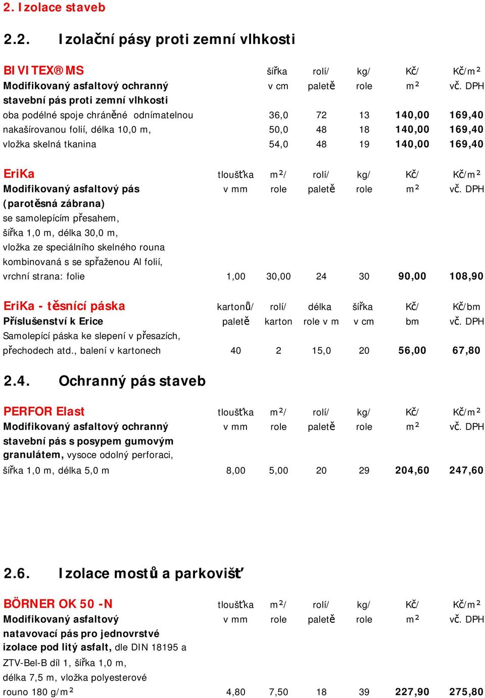 140,00 169,40 EriKa tloušťka m²/ rolí/ kg/ Kč/ Kč/m² Modifikovaný asfaltový pás v mm role paletě role m² vč.