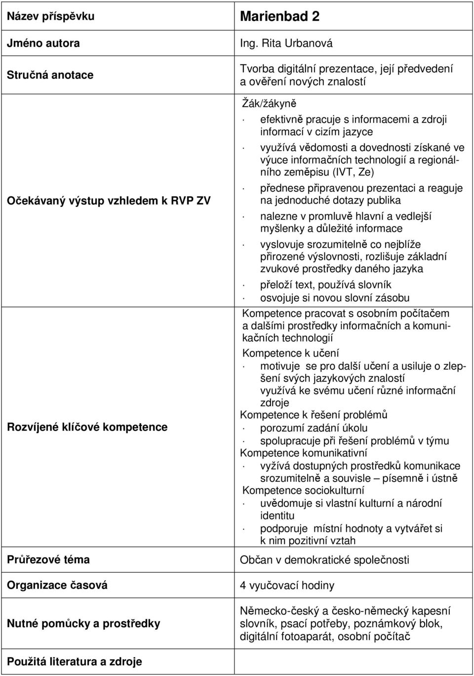 získané ve výuce informačních technologií a regionálního zeměpisu (IVT, Ze) přednese připravenou prezentaci a reaguje na jednoduché dotazy publika nalezne v promluvě hlavní a vedlejší myšlenky a