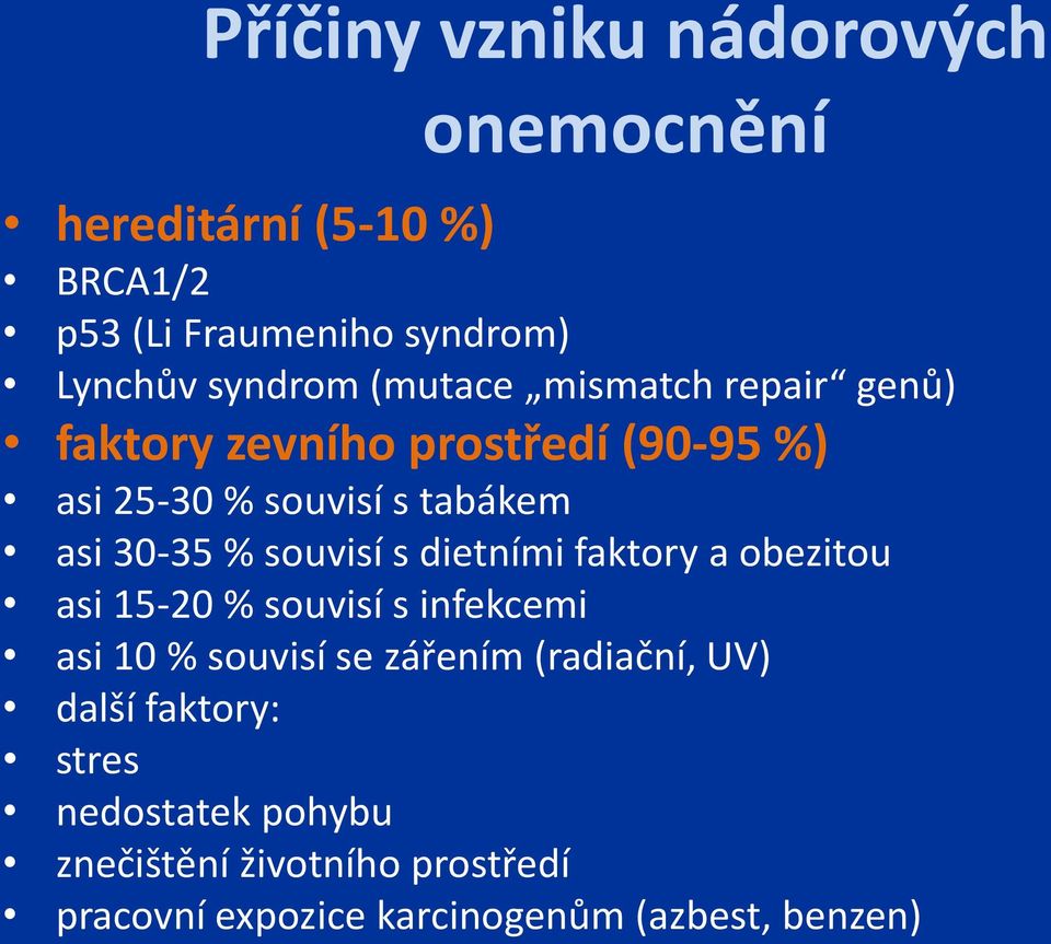souvisí s dietními faktory a obezitou asi 15-20 % souvisí s infekcemi asi 10 % souvisí se zářením (radiační,