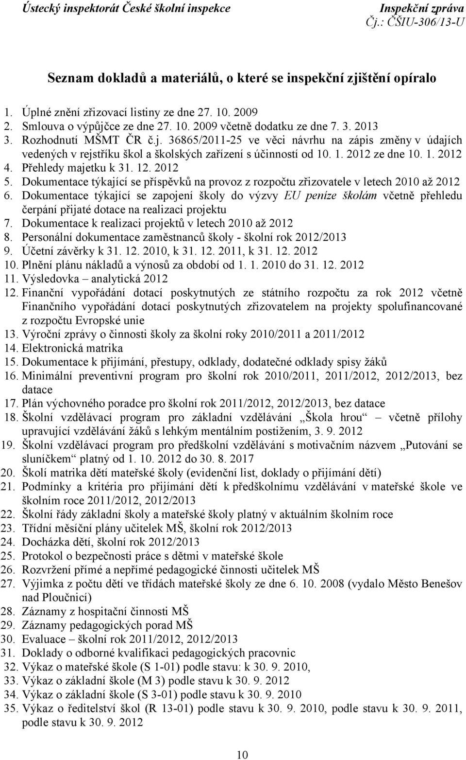 2012 5. Dokumentace týkající se příspěvků na provoz z rozpočtu zřizovatele v letech 2010 až 2012 6.