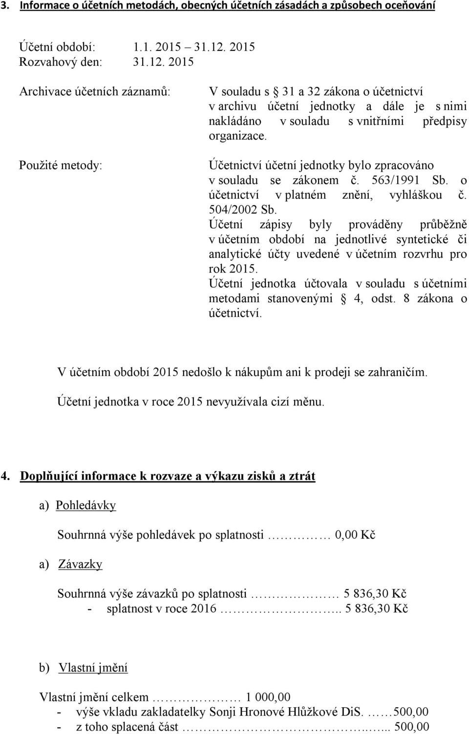 o účetnictví v platném znění, vyhláškou č. 504/2002 Sb. Účetní zápisy byly prováděny průběžně v účetním období na jednotlivé syntetické či analytické účty uvedené v účetním rozvrhu pro rok 2015.