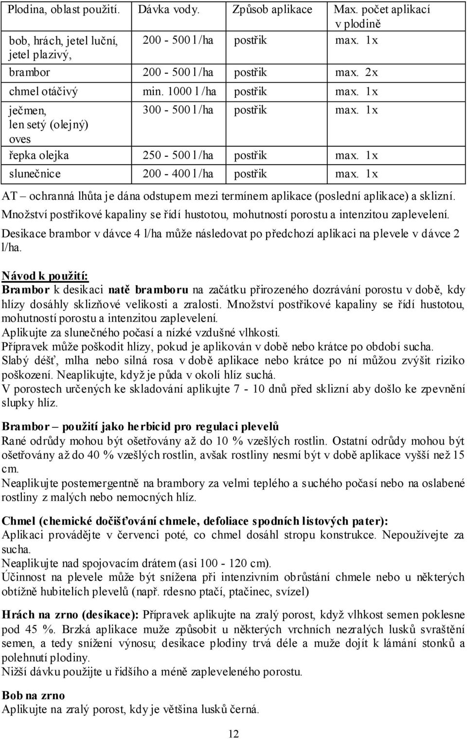 1x AT ochranná lhůta je dána odstupem mezi termínem aplikace (poslední aplikace) a sklizní. Množství postřikové kapaliny se řídí hustotou, mohutností porostu a intenzitou zaplevelení.