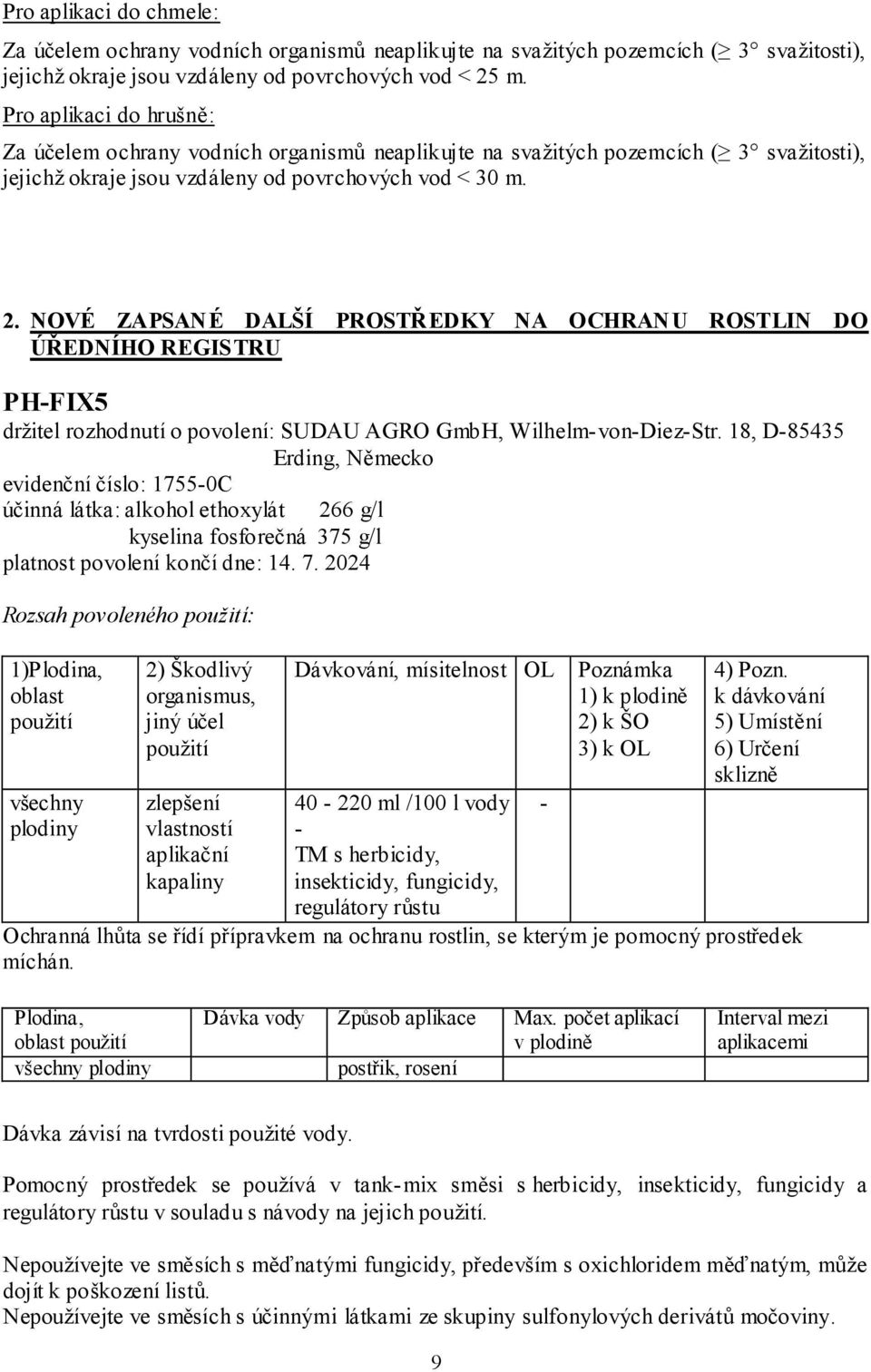 NOVÉ ZAPSANÉ DALŠÍ PROSTŘEDKY NA OCHRANU ROSTLIN DO ÚŘEDNÍHO REGISTRU PH-FIX5 držitel rozhodnutí o povolení: SUDAU AGRO GmbH, Wilhelm-von-Diez-Str.