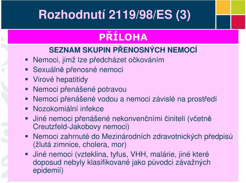 přenášené nekonvenčními činiteli (včetně Creutzfeld-Jakobovy nemoci) Nemoci zahrnuté do Mezinárodních zdravotnických předpisů (žlutá