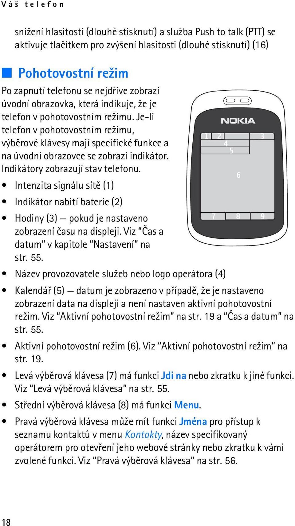 Je-li telefon v pohotovostním re¾imu, výbìrové klávesy mají specifické funkce a na úvodní obrazovce se zobrazí indikátor. Indikátory zobrazují stav telefonu.