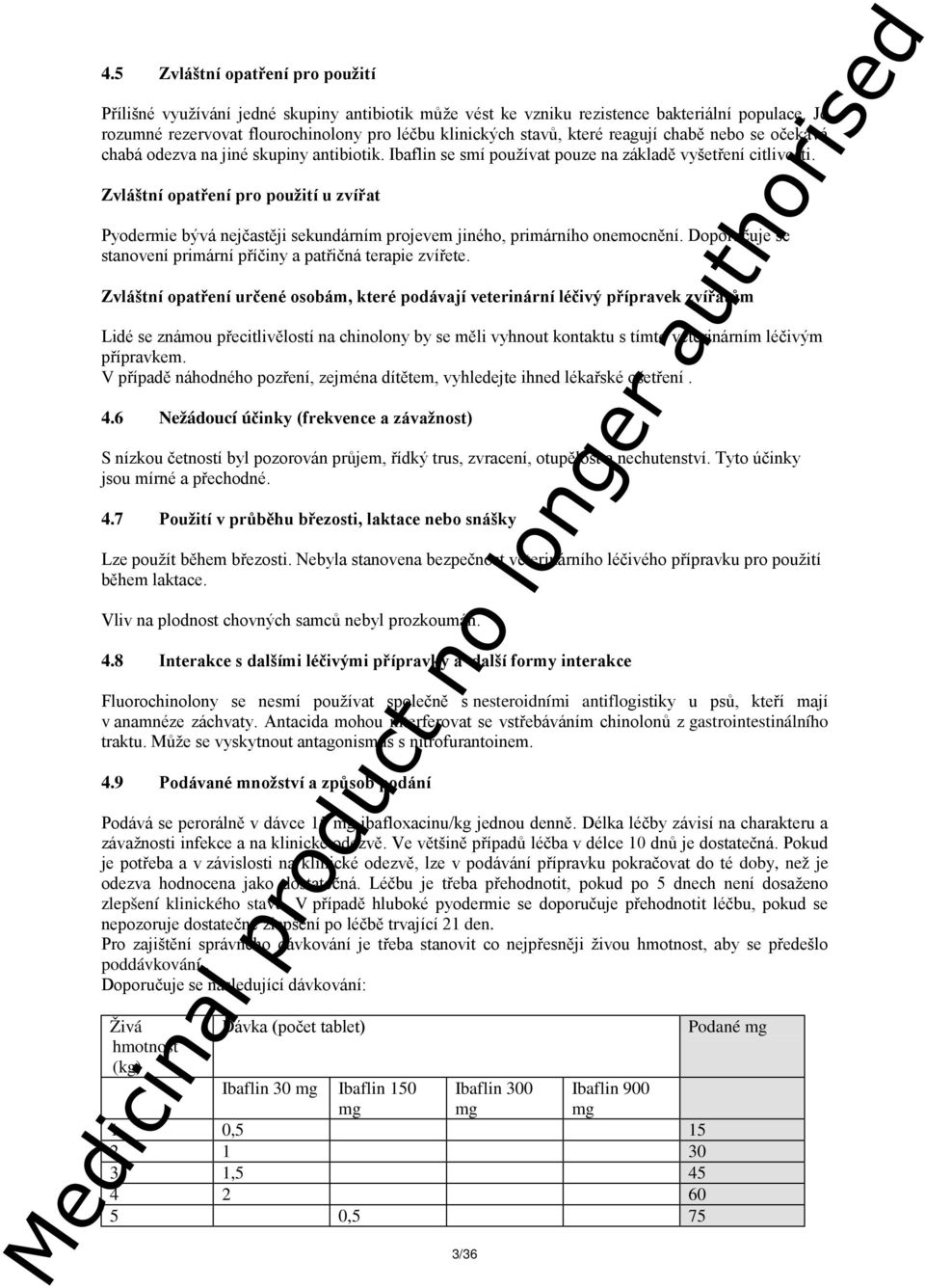 Ibaflin se smí používat pouze na základě vyšetření citlivosti. Zvláštní opatření pro použití u zvířat Pyodermie bývá nejčastěji sekundárním projevem jiného, primárního onemocnění.