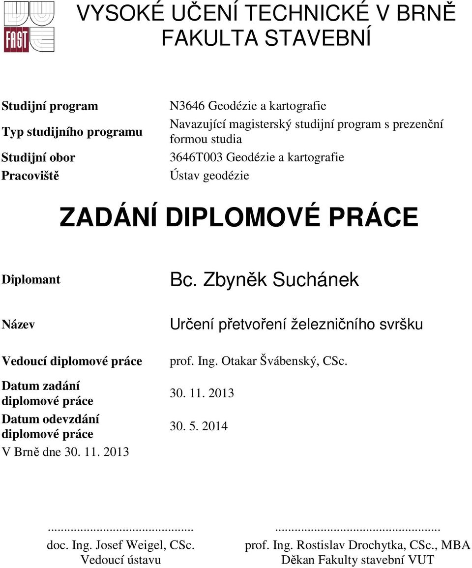 Zbyněk Suchánek Název Vedoucí diplomové práce Datum zadání diplomové práce Datum odevzdání diplomové práce V Brně dne 30. 11.