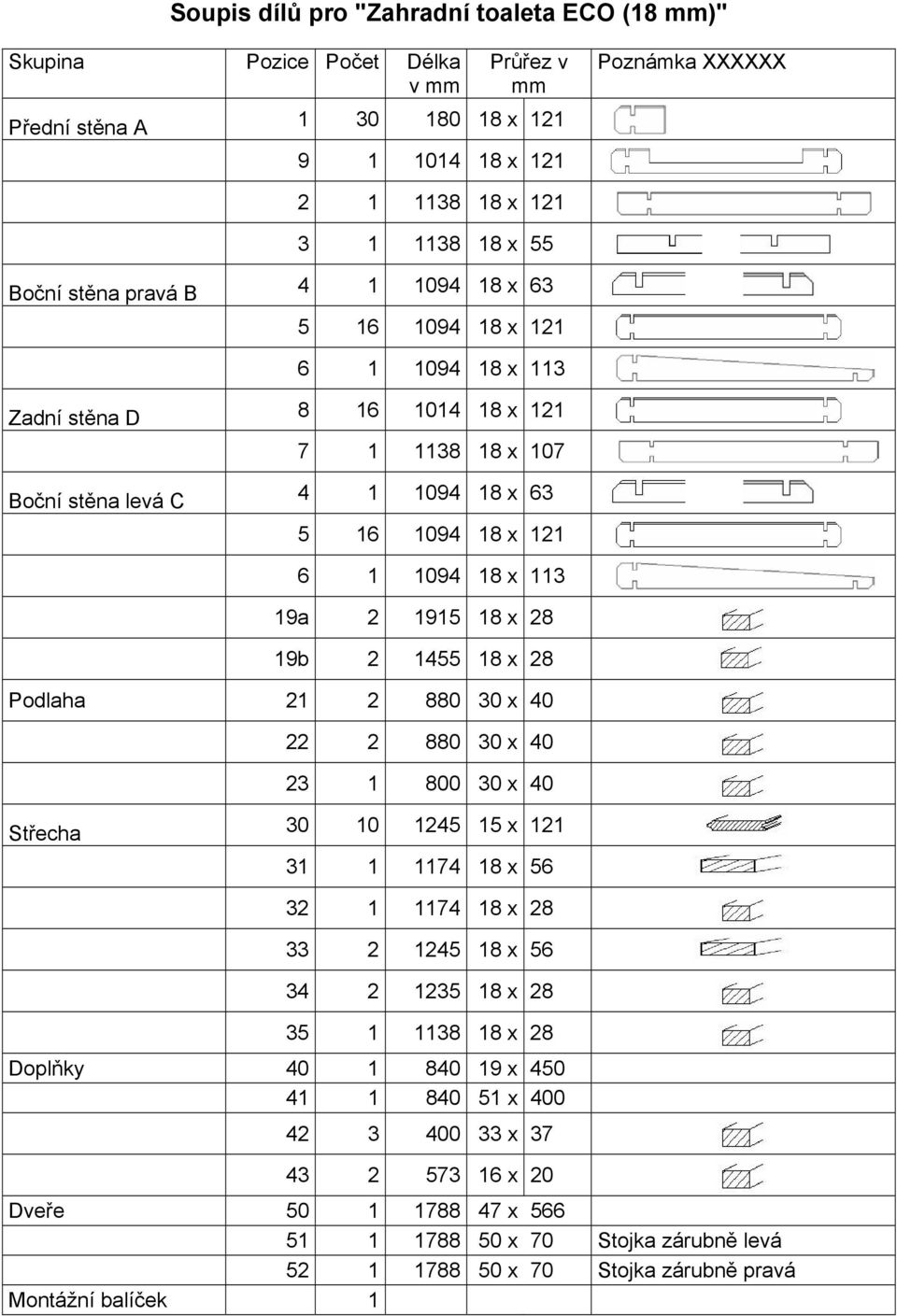 1915 18 x 28 19b 2 1455 18 x 28 Podlaha 21 2 880 30 x 40 22 2 880 30 x 40 23 1 800 30 x 40 Střecha 30 10 1245 15 x 121 31 1 1174 18 x 56 32 1 1174 18 x 28 33 2 1245 18 x 56 34 2 1235 18 x 28 35 1