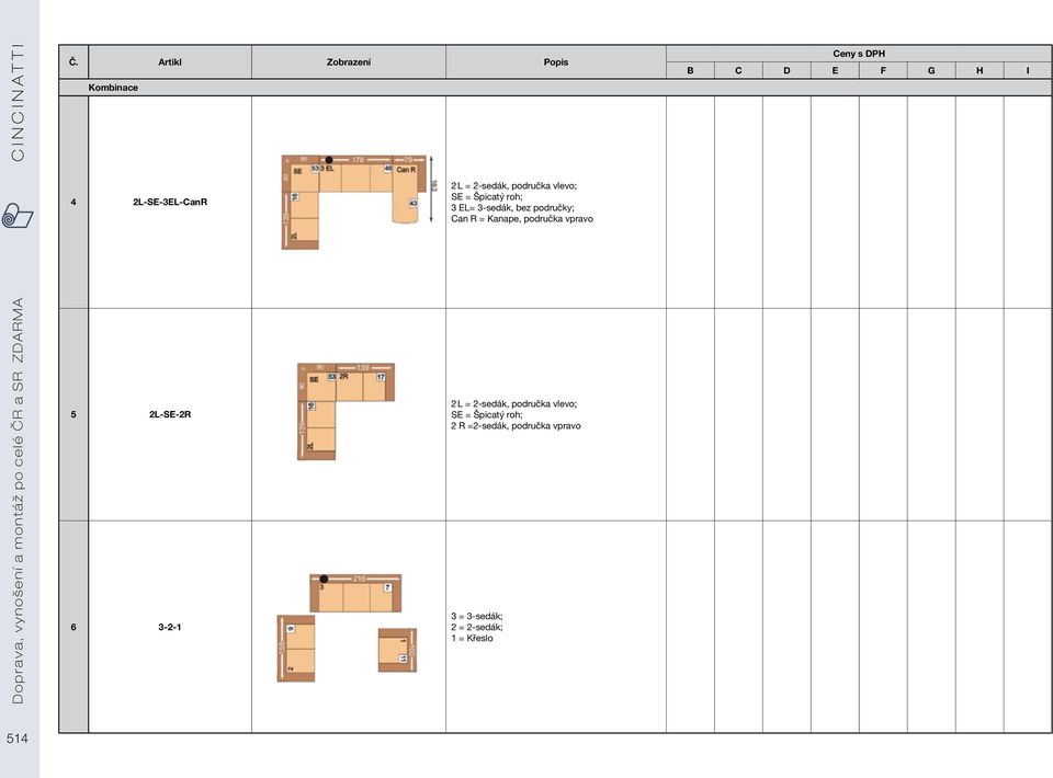 Špicatý roh; 3 EL= 3-sedák, bez područky; Can R = Kanape, područka vpravo Doprava,
