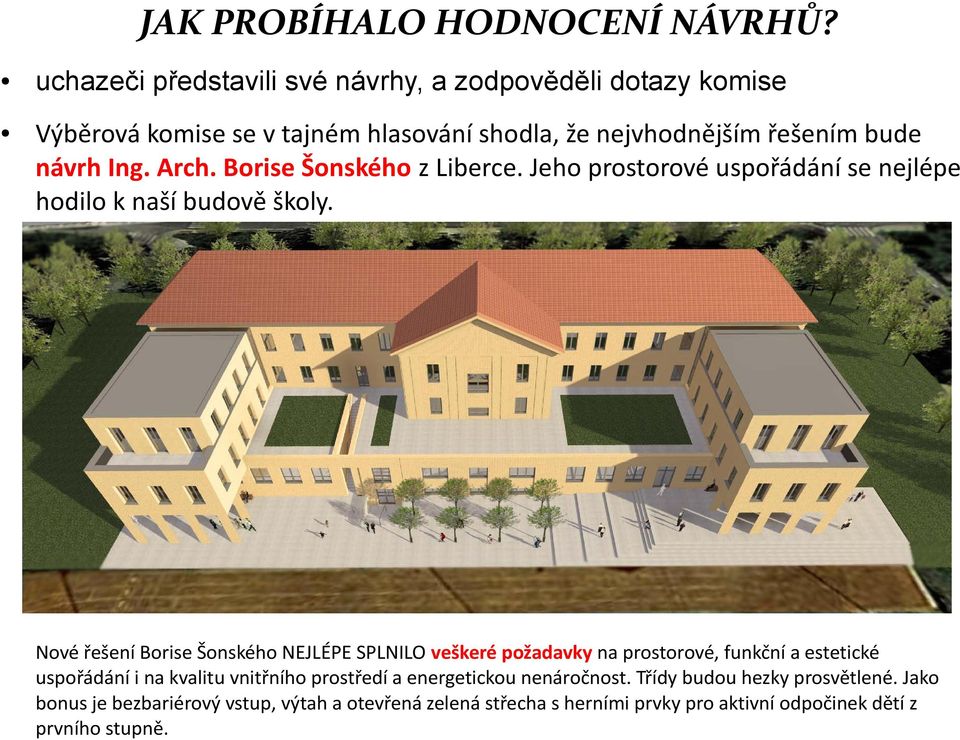 Arch. Borise Šonského z Liberce. Jeho prostorové uspořádání se nejlépe hodilo k naší budově školy.