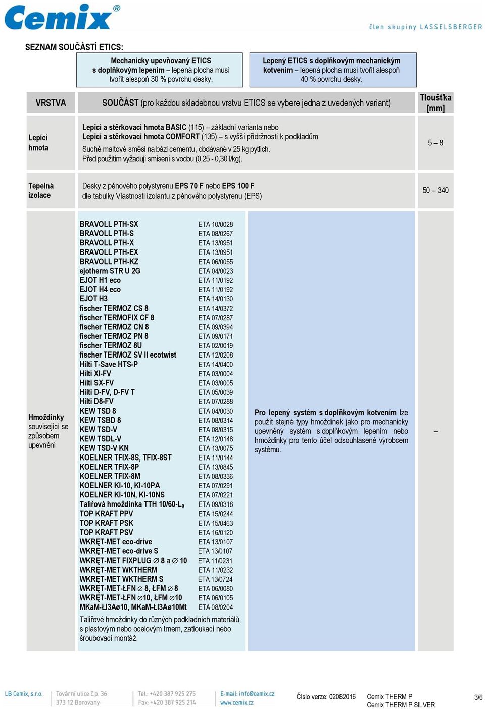VRSTVA Lepící hmota SOUČÁST (pro každou skladebnou vrstvu ETICS se vybere jedna z uvedených variant) Lepicí a stěrkovací hmota BASIC (115) základní varianta nebo Lepicí a stěrkovací hmota COMFORT