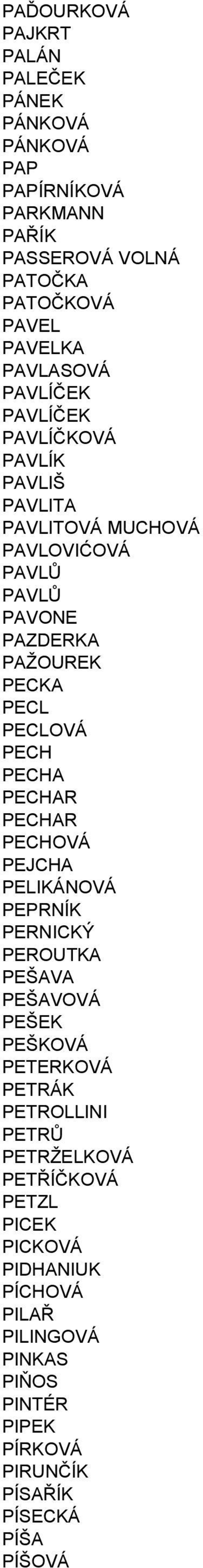 PECLOVÁ PECH PECHA PECHAR PECHAR PECHOVÁ PEJCHA PELIKÁNOVÁ PEPRNÍK PERNICKÝ PEROUTKA PEŠAVA PEŠAVOVÁ PEŠEK PEŠKOVÁ PETERKOVÁ PETRÁK