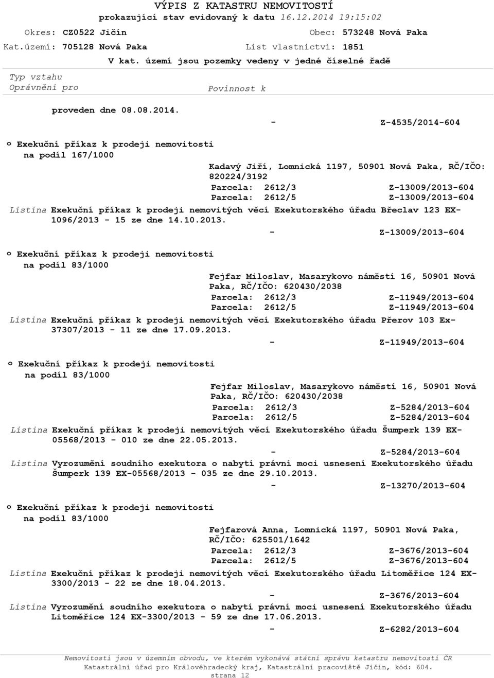 Z4535/2014604 Exekuční příkaz k prdeji nemvitsti na pdíl 167/1000 Kadavý Jiří, Lmnická 1197, 50901 Nvá Paka, RČ/IČO: Z13009/2013604 Z13009/2013604 Exekuční příkaz k prdeji nemvitých věcí Exekutrskéh