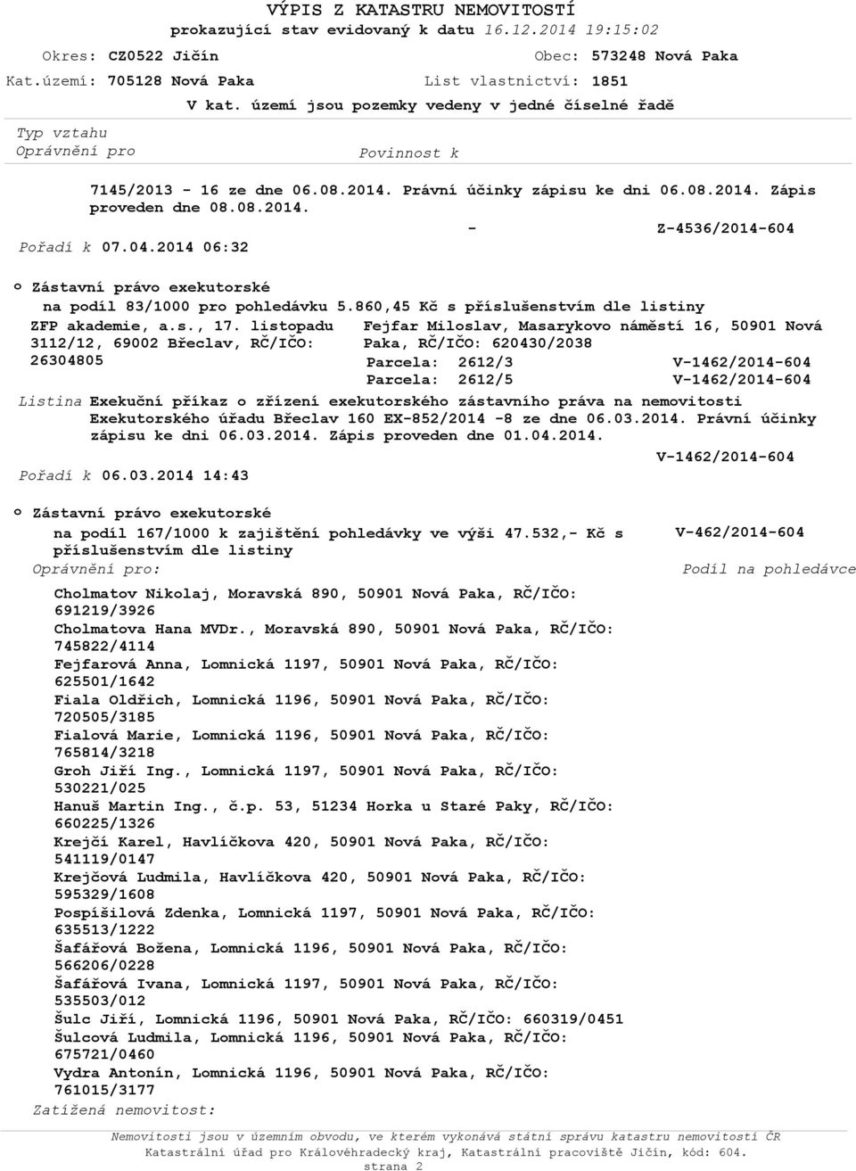 Přadí k 07.04.2014 06:32 Zástavní práv exekutrské na pdíl 83/1000 pr phledávku 5.860,45 Kč s příslušenstvím dle listiny ZFP akademie, a.s., 17.