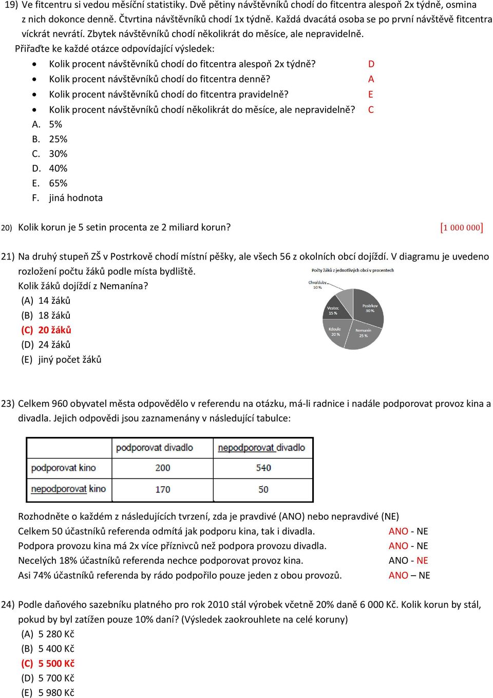 Přiřaďte ke každé otázce odpovídající výsledek: Kolik procent návštěvníků chodí do fitcentra alespoň 2x týdně? D Kolik procent návštěvníků chodí do fitcentra denně?