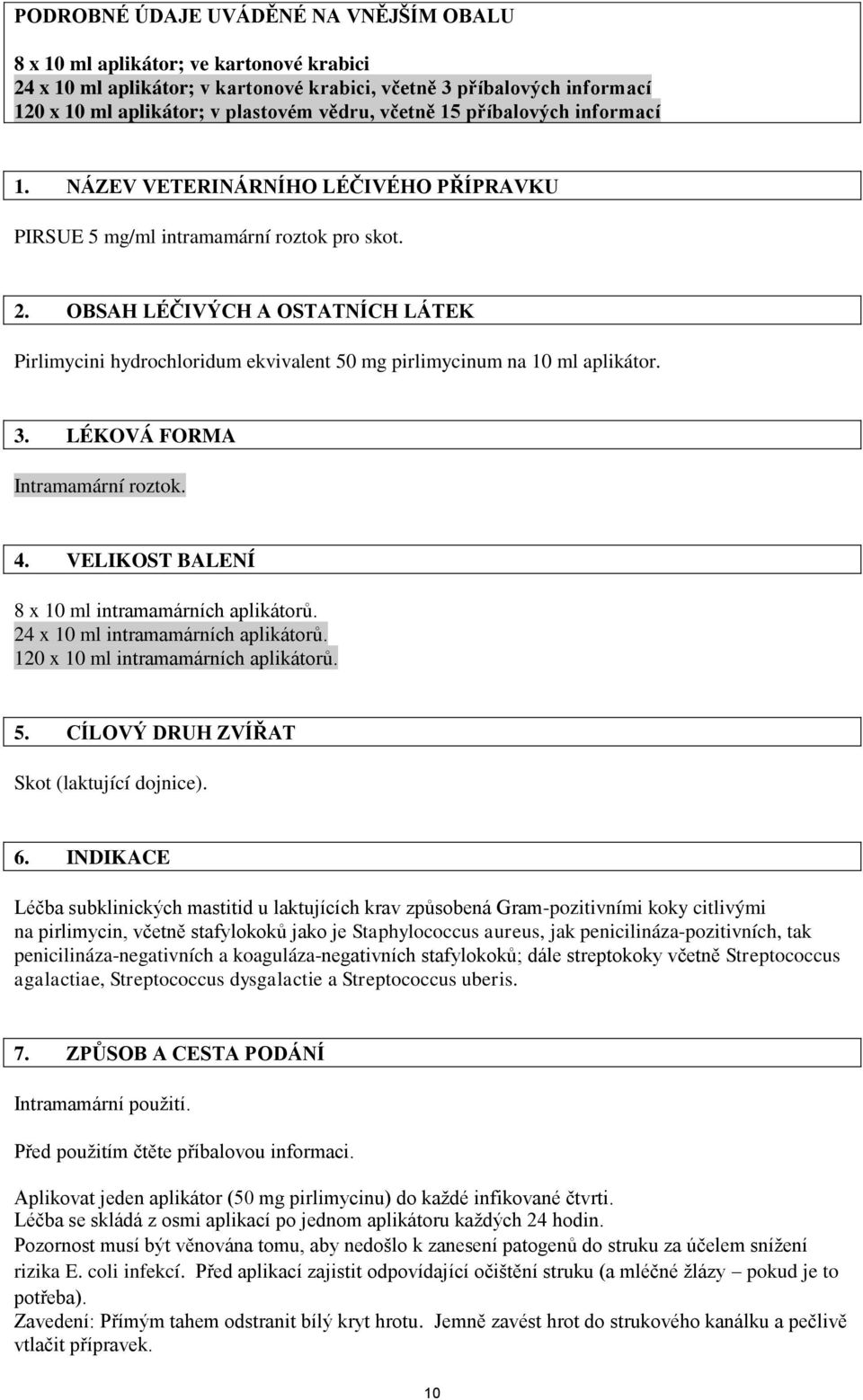 OBSAH LÉČIVÝCH A OSTATNÍCH LÁTEK Pirlimycini hydrochloridum ekvivalent 50 mg pirlimycinum na 10 ml aplikátor. 3. LÉKOVÁ FORMA Intramamární roztok. 4.