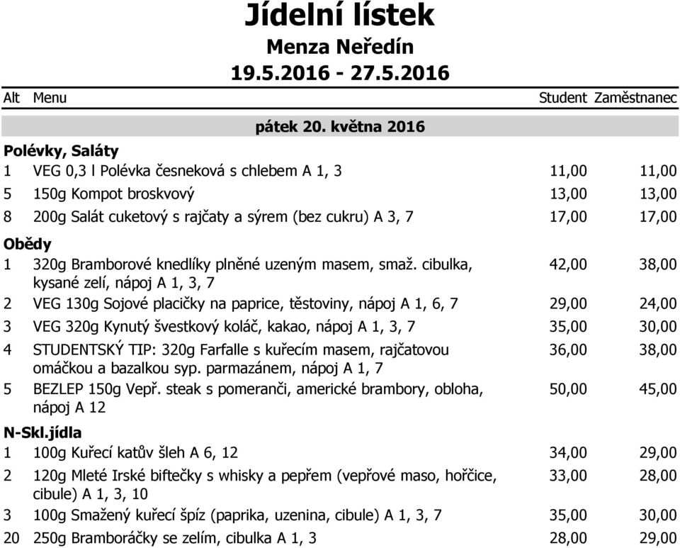 cibulka, kysané zelí, nápoj A 1,, VEG 10g Sojové placičky na paprice, těstoviny, nápoj A 1, 6, VEG 0g Kynutý švestkový koláč, kakao, nápoj A 1,, STUDENTSKÝ TIP: 0g Farfalle s kuřecím masem,