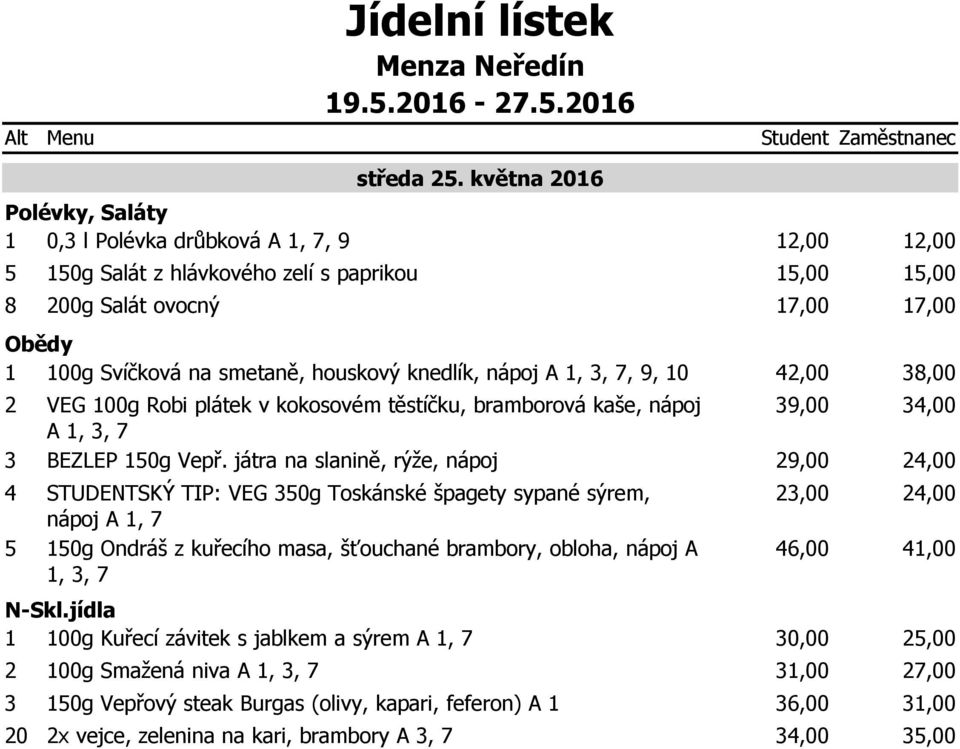 játra na slanině, rýže, nápoj STUDENTSKÝ TIP: VEG 0g Toskánské špagety sypané sýrem, nápoj A 1, 10g Ondráš z kuřecího masa, šťouchané brambory, obloha, nápoj A 1,, 1