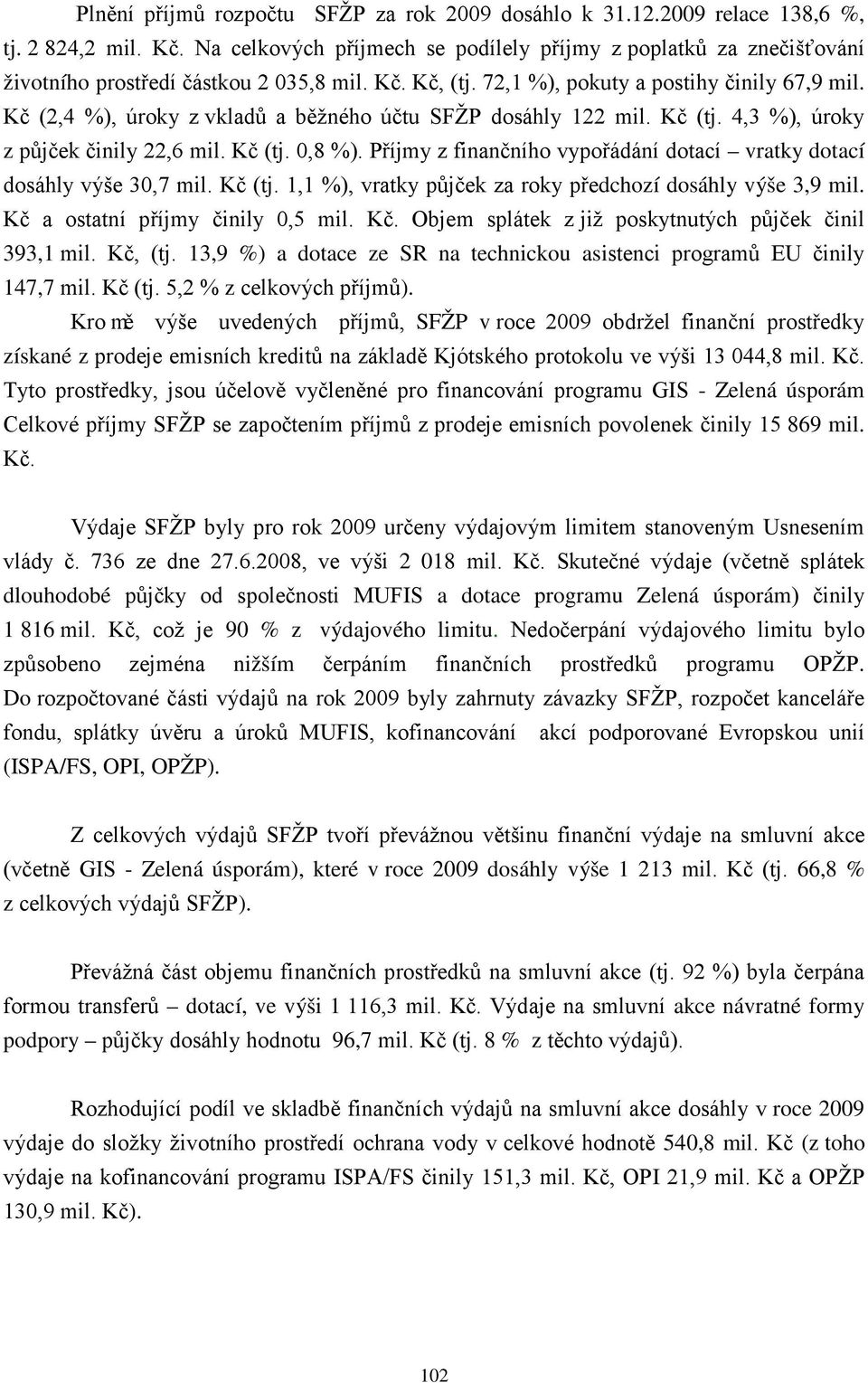 Kč (2,4 %), úroky z vkladů a běžného účtu SFŽP dosáhly 122 mil. Kč (tj. 4,3 %), úroky z půjček činily 22,6 mil. Kč (tj. 0,8 %).