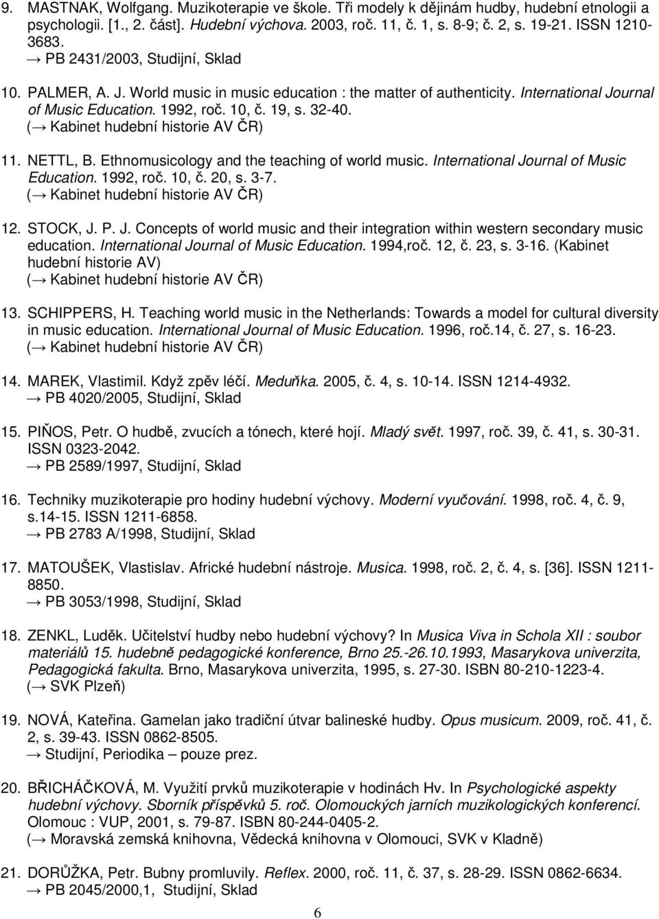 Ethnomusicology and the teaching of world music. International Journal of Music Education. 1992, roč. 10, č. 20, s. 3-7. 12. STOCK, J. P. J. Concepts of world music and their integration within western secondary music education.