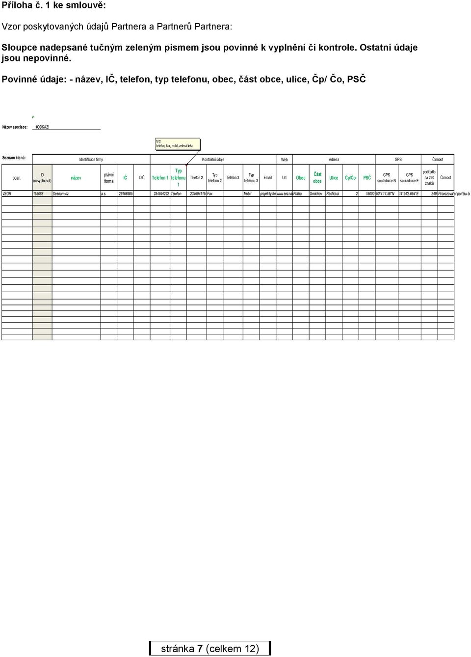 typ: telefon, fax, mobil, zelená linka Seznam členů: Identifikace firmy Kontaktní údaje Web Adresa GPS Činnost pozn.