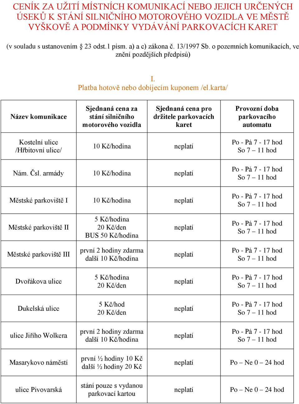karta/ Název komunikace Sjednaná cena za stání silničního motorového vozidla Sjednaná cena pro držitele parkovacích karet Provozní doba parkovacího automatu Kostelní ulice /Hřbitovní ulice/ 10