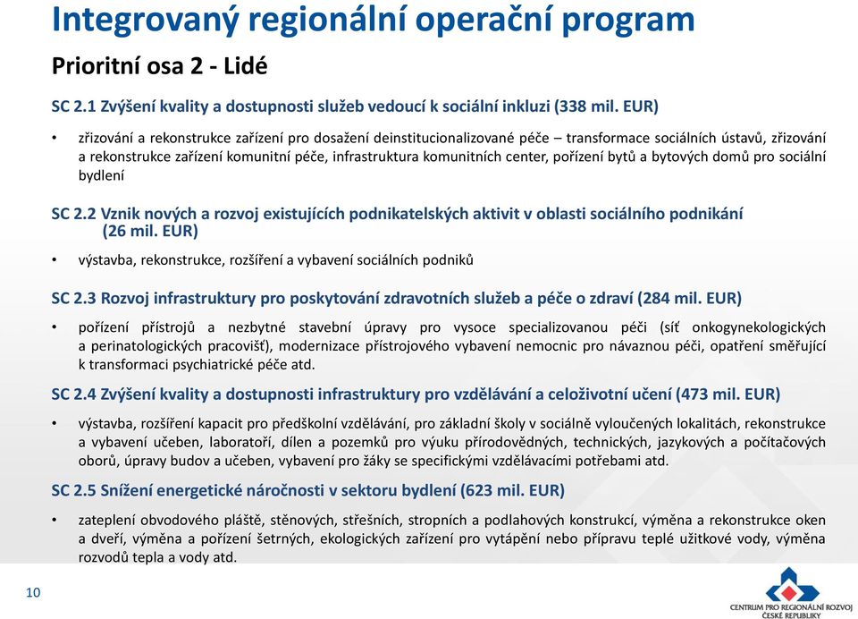 pořízení bytů a bytových domů pro sociální bydlení SC 2.2 Vznik nových a rozvoj existujících podnikatelských aktivit v oblasti sociálního podnikání (26 mil.