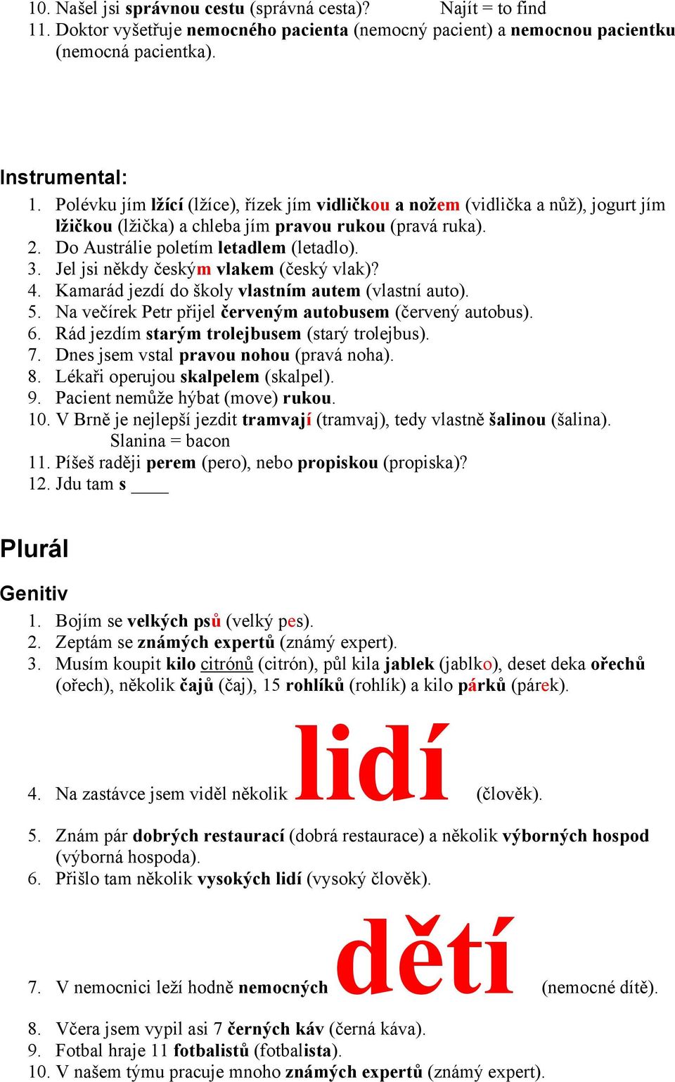 Jel jsi někdy českým vlakem (český vlak)? 4. Kamarád jezdí do školy vlastním autem (vlastní auto). 5. Na večírek Petr přijel červeným autobusem (červený autobus). 6.