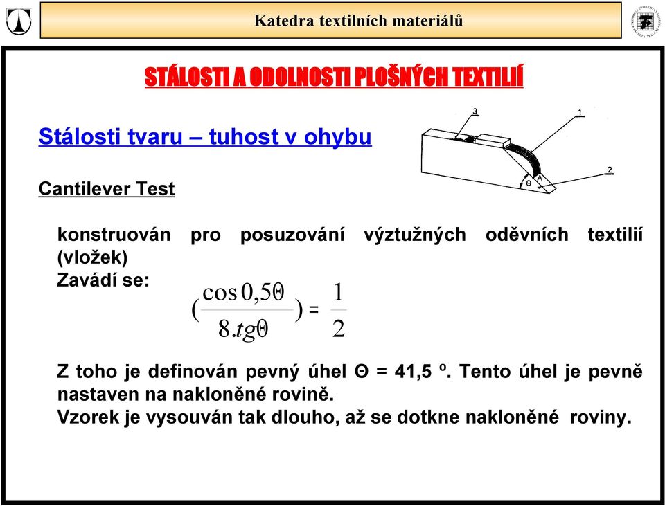 tgθ 1 2 Z toho je definován pevný úhel Θ = 41,5 º.