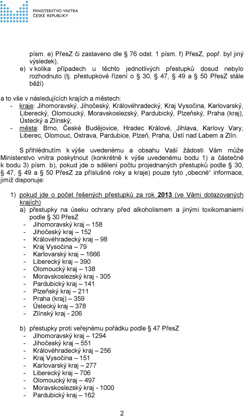 Moravskoslezský, Pardubický, Plzeňský, Praha (kraj), Ústecký a Zlínský; - města: Brno, České Budějovice, Hradec Králové, Jihlava, Karlovy Vary, Liberec, Olomouc, Ostrava, Pardubice, Plzeň, Praha,