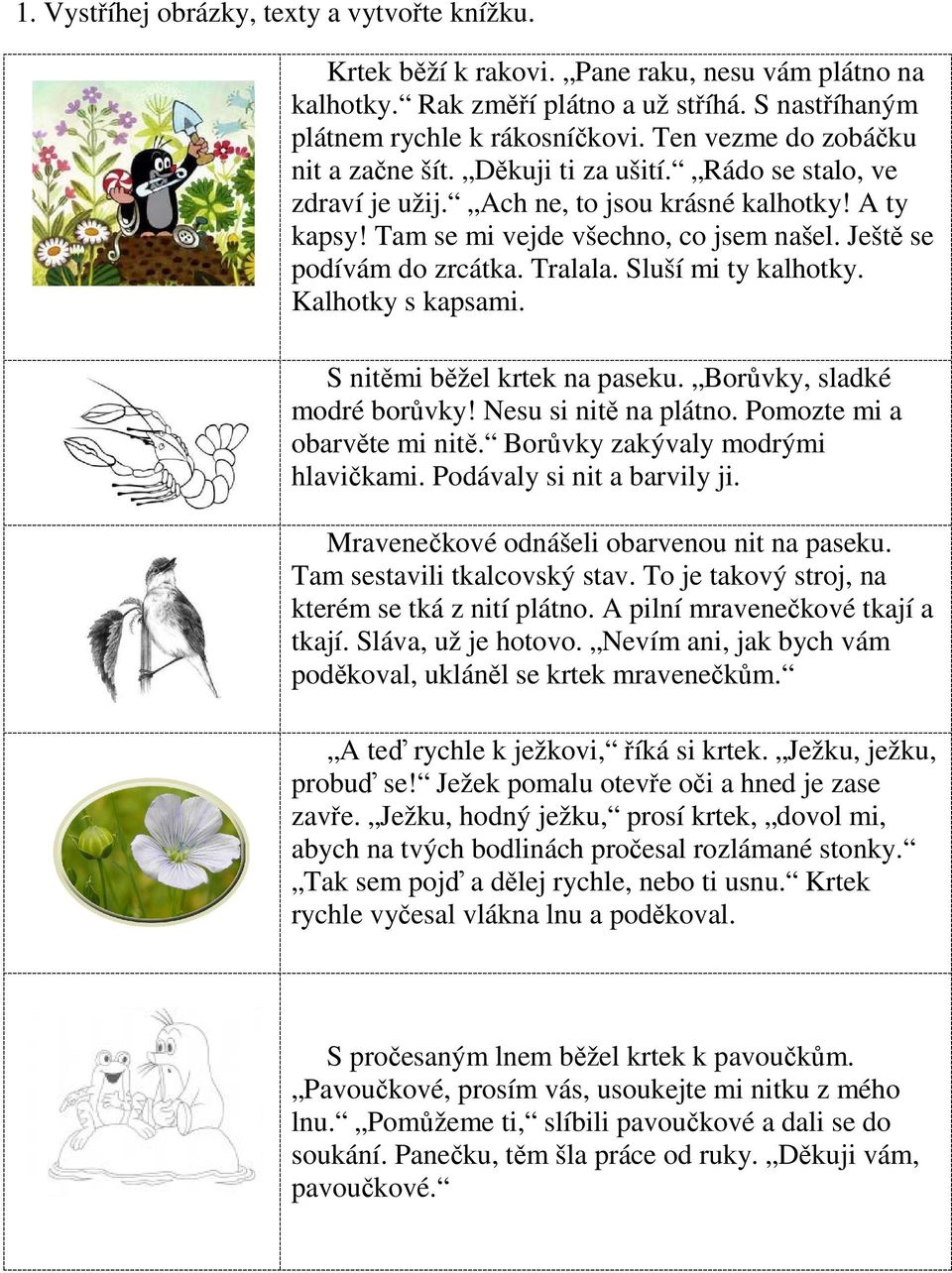 Ještě se podívám do zrcátka. Tralala. Sluší mi ty kalhotky. Kalhotky s kapsami. S nitěmi běžel krtek na paseku. Borůvky, sladké modré borůvky! Nesu si nitě na plátno. Pomozte mi a obarvěte mi nitě.