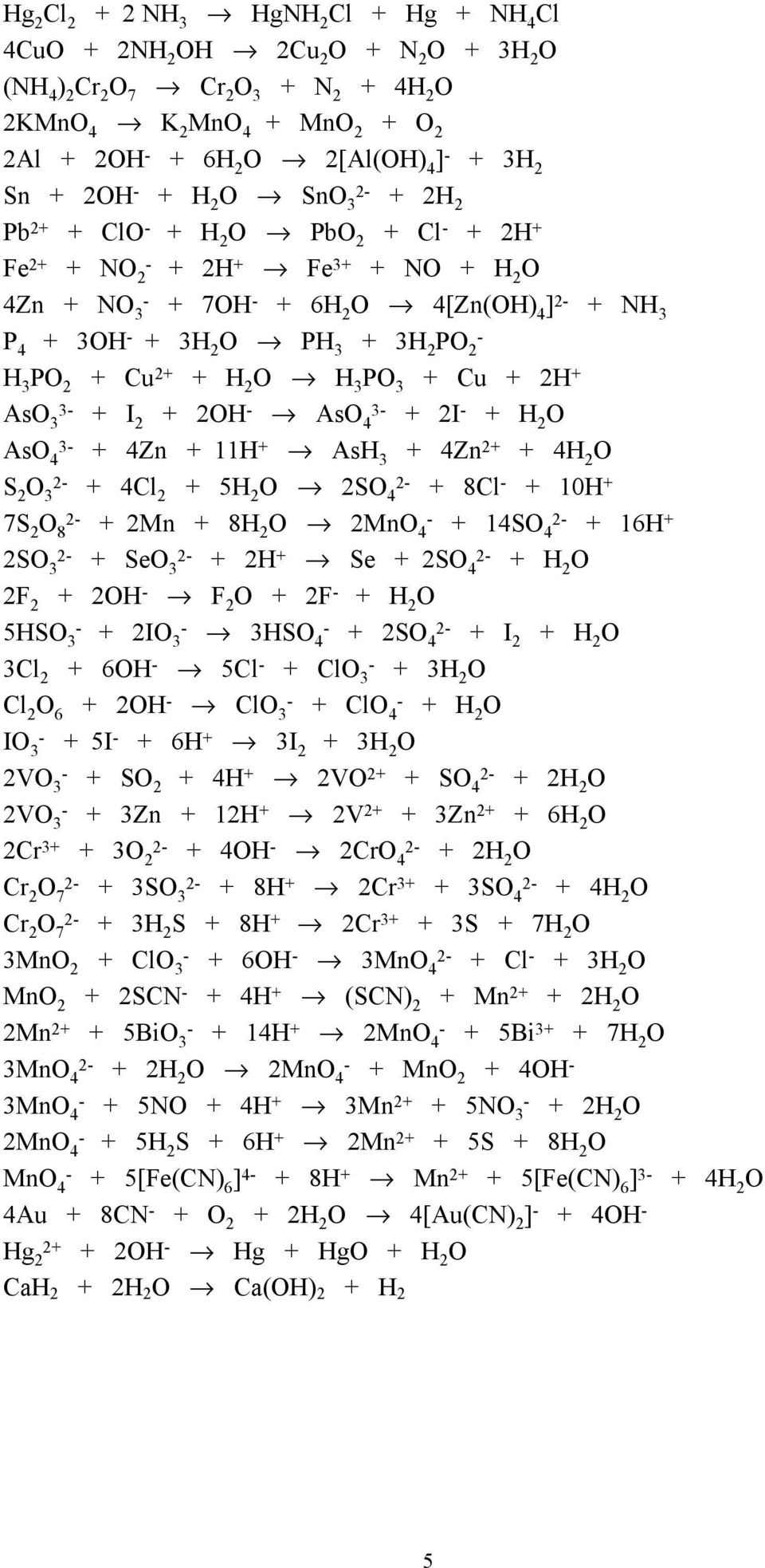 3 + 3H 2 PO 2 - H 3 PO 2 + Cu 2+ + H 2 O H 3 PO 3 + Cu + 2H + AsO 3 3- + I 2 + 2OH - AsO 4 3- + 2I - + H 2 O AsO 4 3- + 4Zn + 11H + AsH 3 + 4Zn 2+ + 4H 2 O S 2 O 3 2- + 4Cl 2 + 5H 2 O 2SO 4 2- + 8Cl