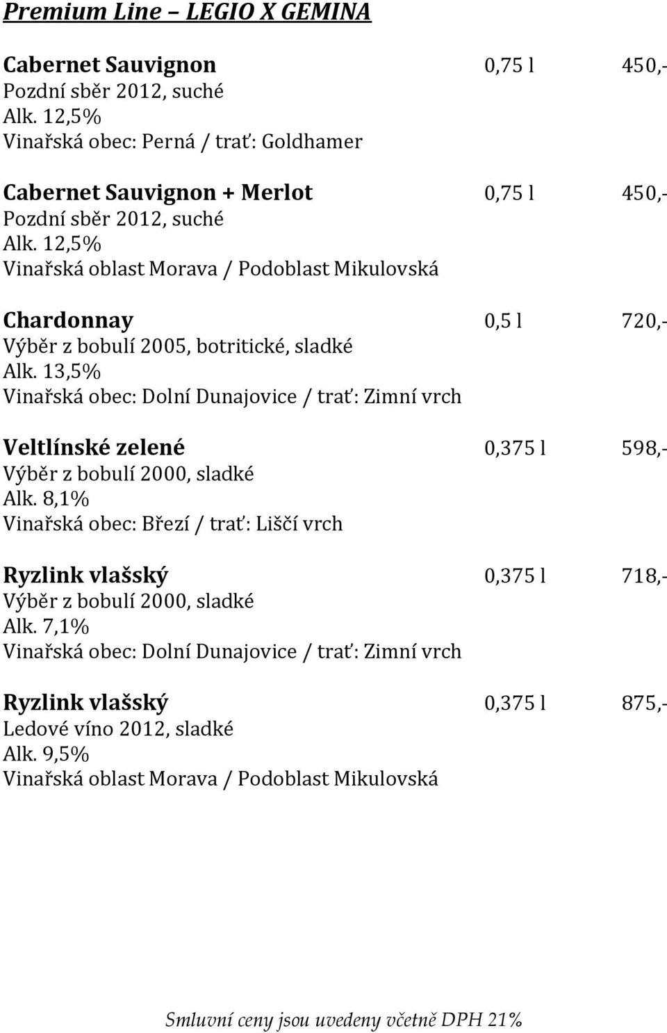 13,5% Vinařská obec: Dolní Dunajovice / trať: Zimní vrch Veltlínské zelené 0,375 l 598,- Výběr z bobulí 2000, sladké Alk.