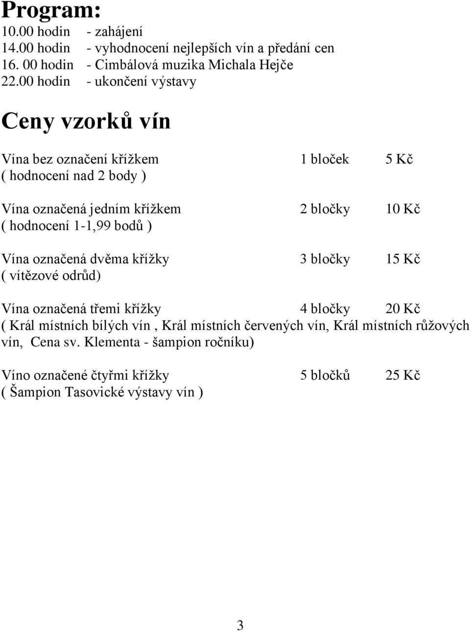 hodnocení 1-1,99 bodů ) Vína označená dvěma křížky 3 bločky 15 Kč ( vítězové odrůd) Vína označená třemi křížky 4 bločky 20 Kč ( Král místních bílých vín,