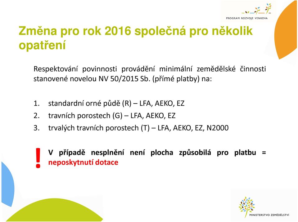 standardní orné půdě (R) LFA, AEKO, EZ 2. travních porostech (G) LFA, AEKO, EZ 3.
