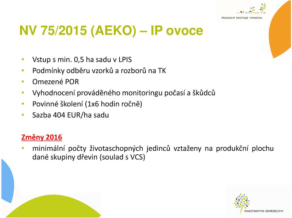 prováděného monitoringu počasí a škůdců Povinné školení (1x6 hodin ročně) Sazba