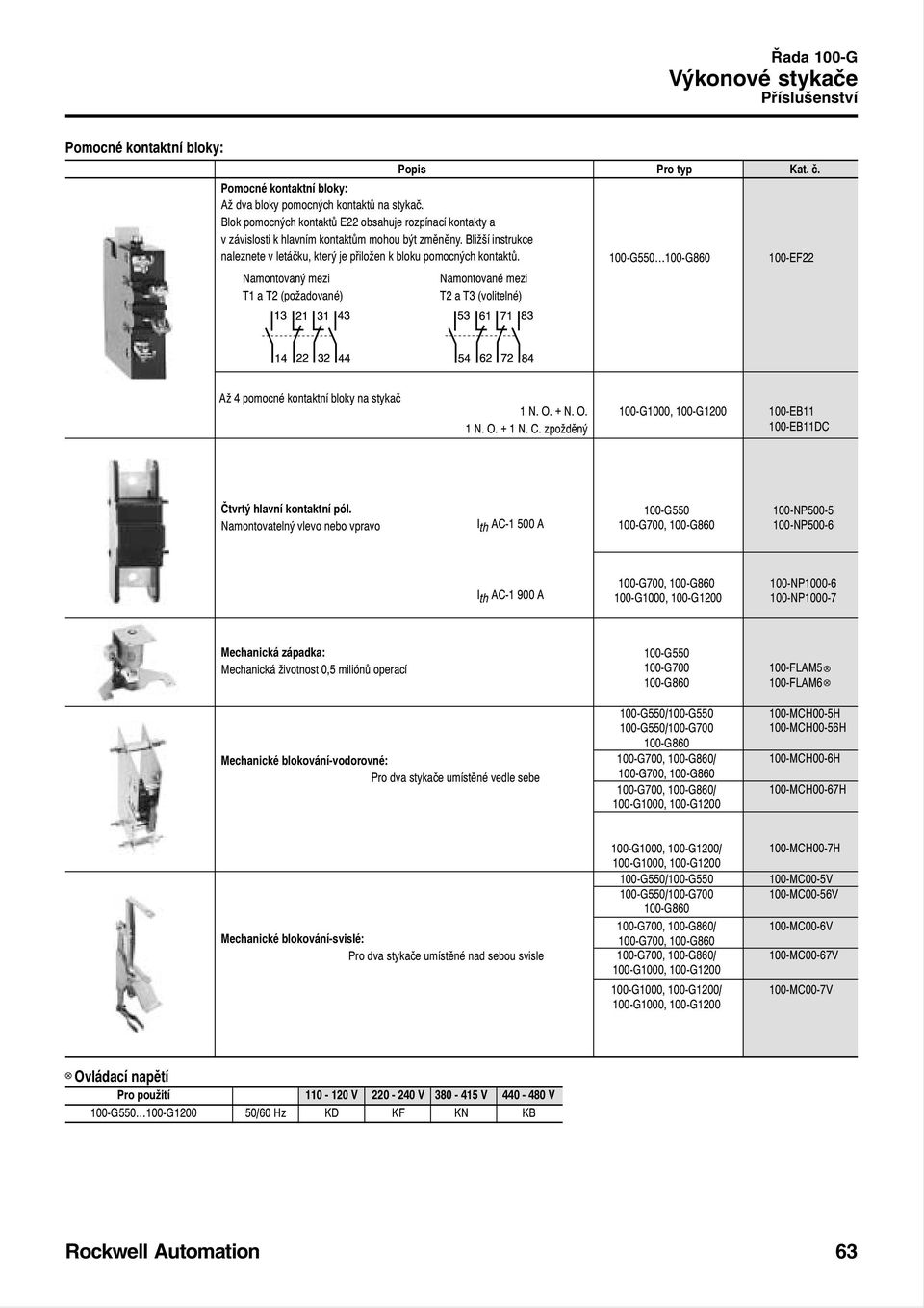 Namontovaný mezi T1 a T2 (požadované) Popis Pro typ Kat. č. Namontované mezi T2 a T3 (volitelné) 100-G550 100-G860 100-EF22 Až 4 pomocné kontaktní bloky na stykač 1 N. O. + N. O. 1 N. O. + 1 N. C.