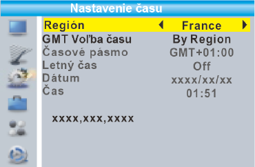 výstup: SCART CVBS + HDMI / SCART RGB Digitální VIDEO výstup: LPCM výstup / BS výstup Nastavení časutoto menu Vám umožní nastavit čas a region. Toto menu Vám umožní nastavit čas a region.