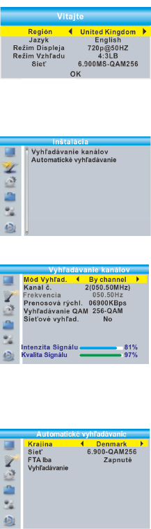 ZAČÍNÁME Uvítání Při prvním použití STB se Vám na obrazovce zobrazí volba Vítejte. Zmáčknutím navigační klávesy nastavíte Region, Jazyk, Režim Displeje, Režim Vzhledu a Síť.
