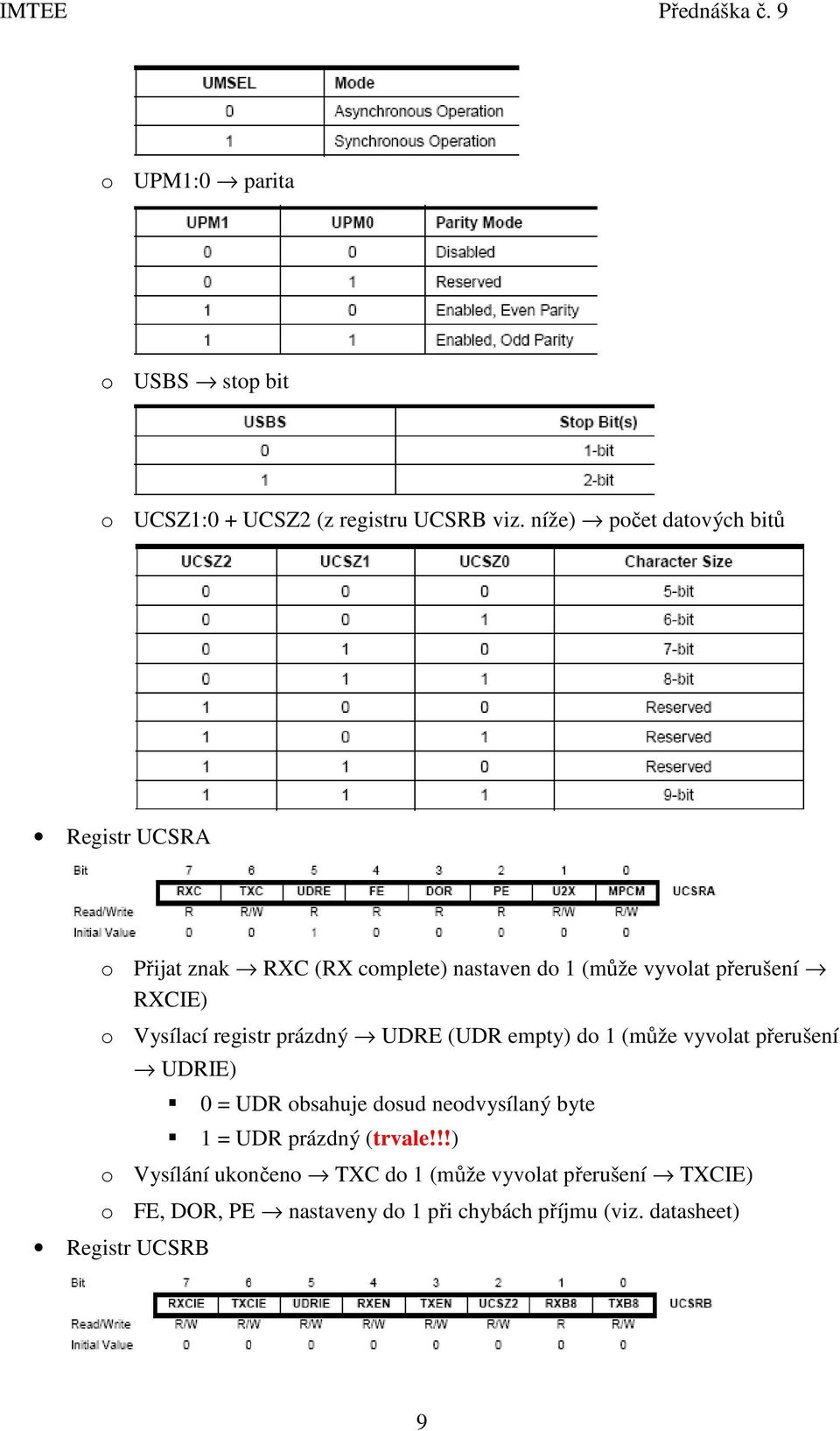 Vysílací registr prázdný UDRE (UDR empty) do 1 (může vyvolat přerušení UDRIE) 0 = UDR obsahuje dosud neodvysílaný byte