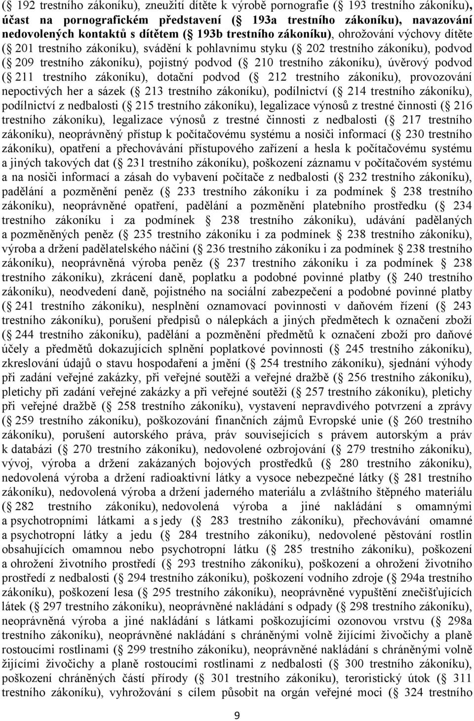 zákoníku), úvěrový podvod ( 211 trestního zákoníku), dotační podvod ( 212 trestního zákoníku), provozování nepoctivých her a sázek ( 213 trestního zákoníku), podílnictví ( 214 trestního zákoníku),