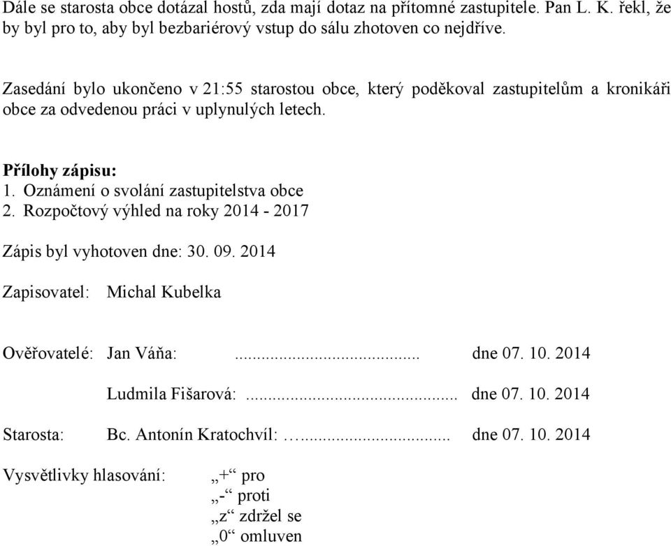 Zasedání bylo ukončeno v 21:55 starostou obce, který poděkoval zastupitelům a kronikáři obce za odvedenou práci v uplynulých letech. Přílohy zápisu: 1.