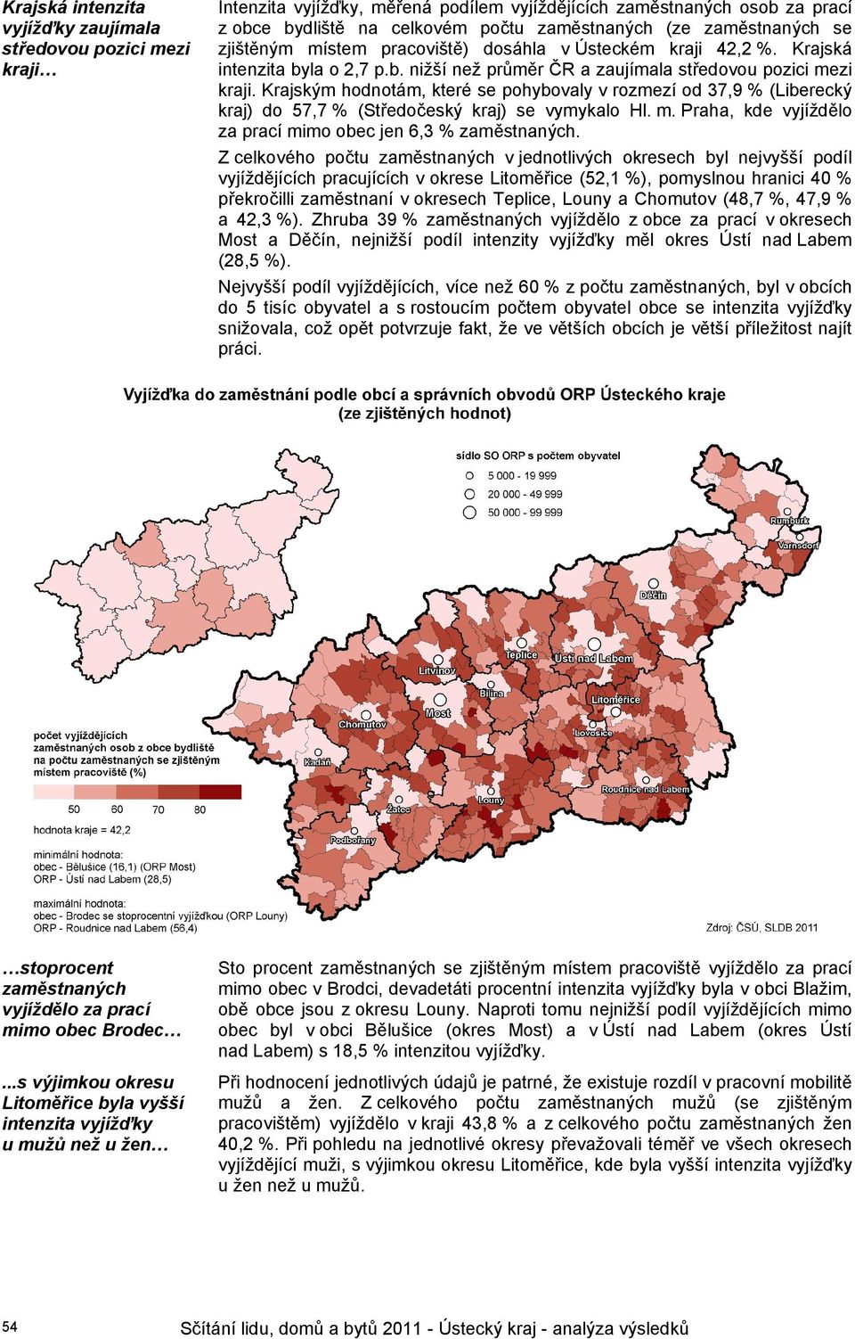 Krajským hodnotám, které se pohybovaly v rozmezí od 37,9 % (Liberecký kraj) do 57,7 % (Středočeský kraj) se vymykalo Hl. m. Praha, kde vyjíždělo za prací mimo obec jen 6,3 % zaměstnaných.