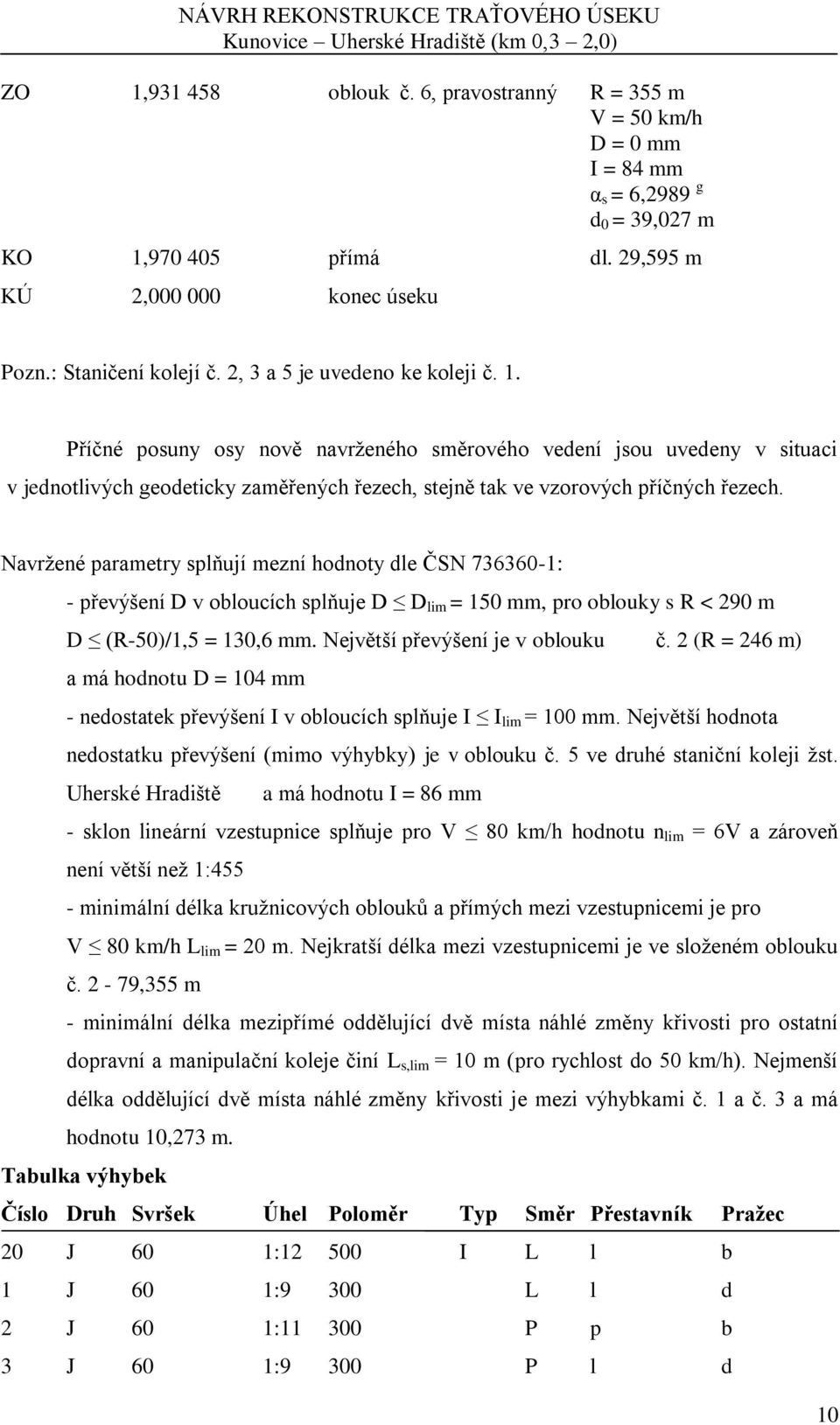 Navržené parametry splňují mezní hodnoty dle ČSN 736360-1: - převýšení D v obloucích splňuje D D lim = 150 mm, pro oblouky s R < 290 m D (R-50)/1,5 = 130,6 mm. Největší převýšení je v oblouku č.