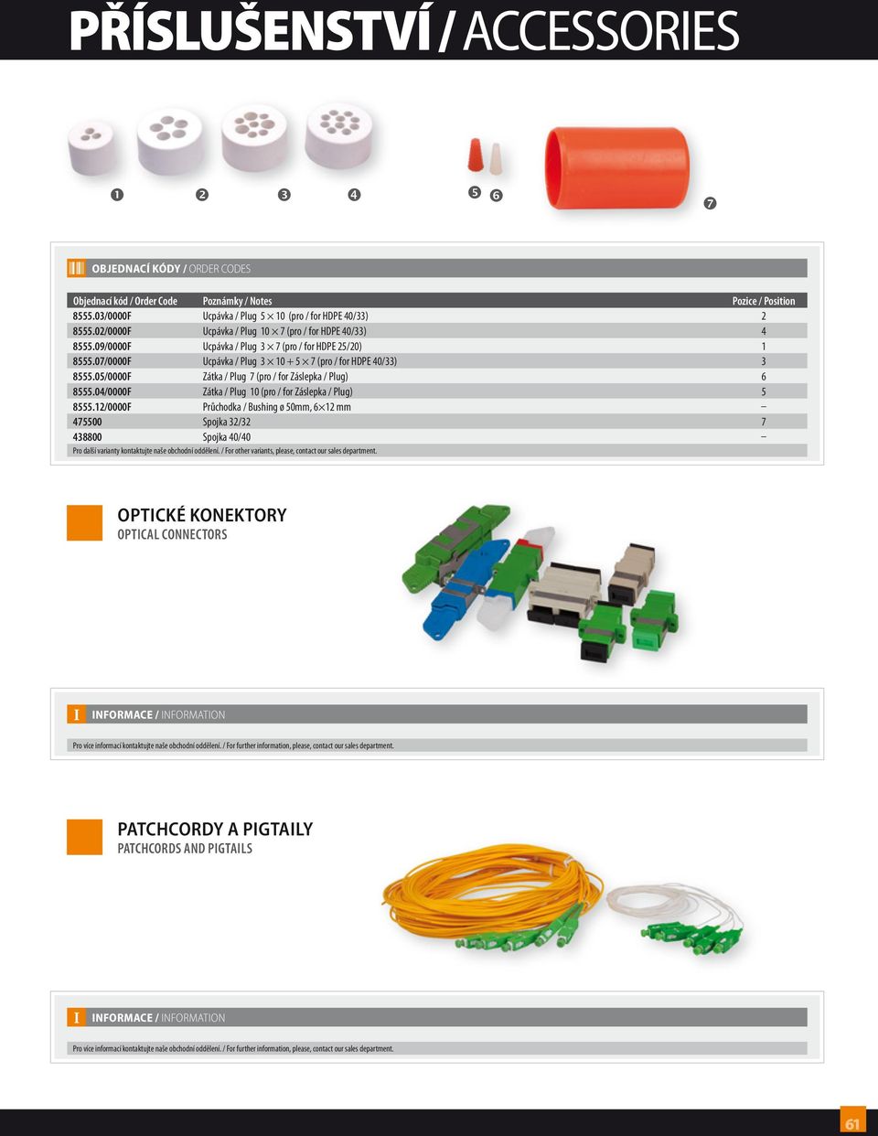 12/0000F Průchodka / Bushing ø 50mm, 6 12 mm 475500 Spojka 32/32 7 438800 Spojka 40/40 OPTICKÉ KONEKTORY OPTICAL CONNECTORS I INFORMACE / INFORMATION Pro více informací kontaktujte naše obchodní