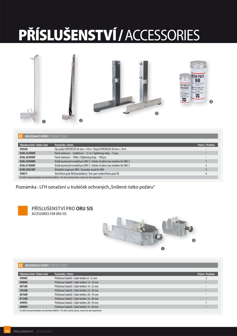 38/0100F Montážní stojan pro ORU / Assembly stand for ORU 3 490671 Tmel Resin pack 9B dvousložkový / Two-part sealant Resin pack 98 4 Poznámka : LFH označení u trubiček ochraných Snížené riziko