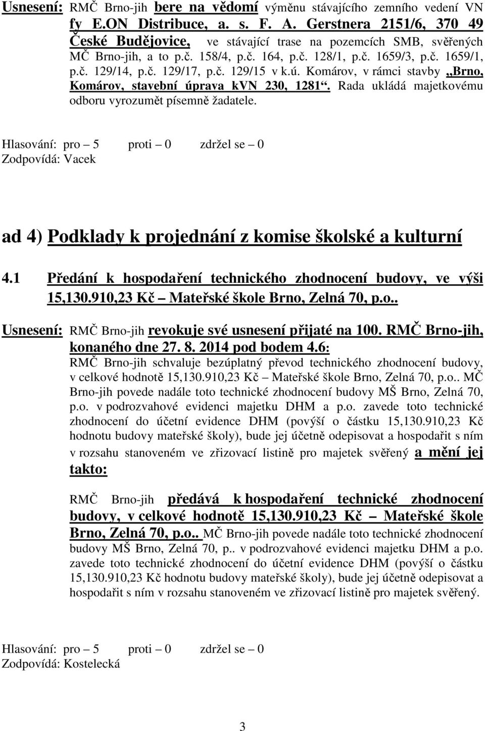 ú. Komárov, v rámci stavby Brno, Komárov, stavební úprava kvn 230, 1281. Rada ukládá majetkovému odboru vyrozumět písemně žadatele. ad 4) Podklady k projednání z komise školské a kulturní 4.