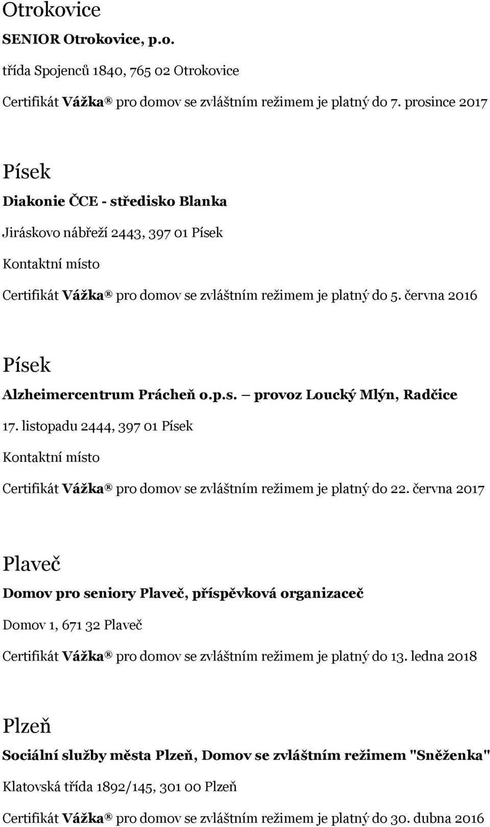 listopadu 2444, 397 01 Písek Certifikát Vážka pro domov se zvláštním režimem je platný do 22.