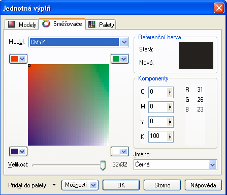 DUM05- strana 3 Na poslední kartě označené jako palety lze vybírat barvu z předdefinovaných barevných přímých systémů.