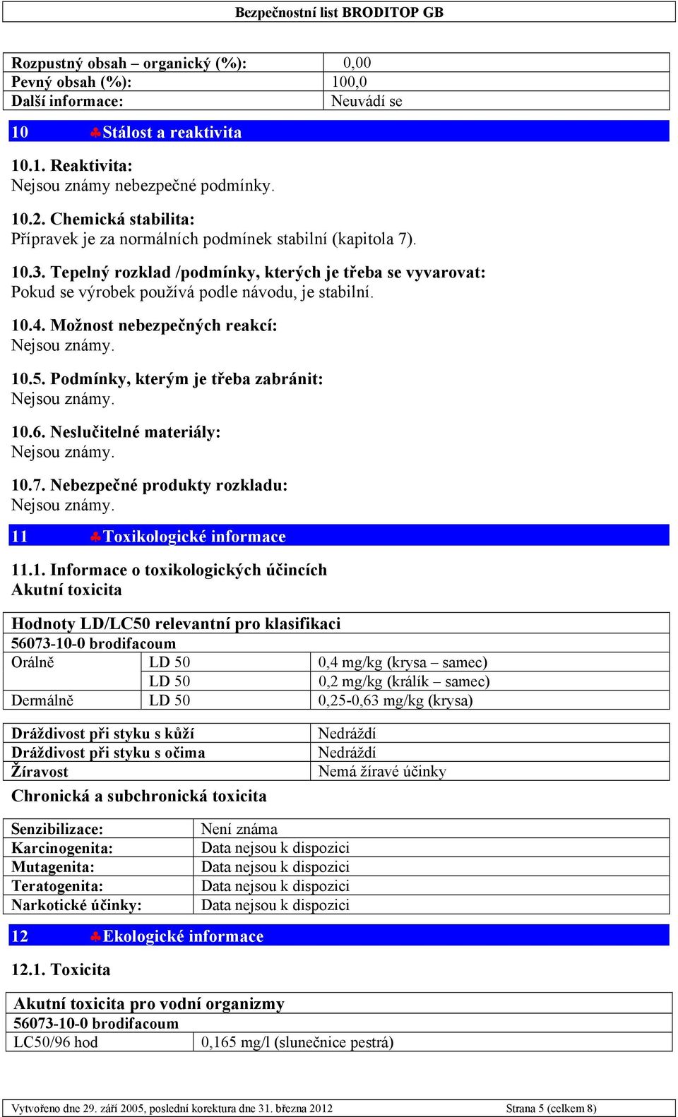 Možnost nebezpečných reakcí: Nejsou známy. 10.5. Podmínky, kterým je třeba zabránit: Nejsou známy. 10.6. Neslučitelné materiály: Nejsou známy. 10.7. Nebezpečné produkty rozkladu: Nejsou známy.